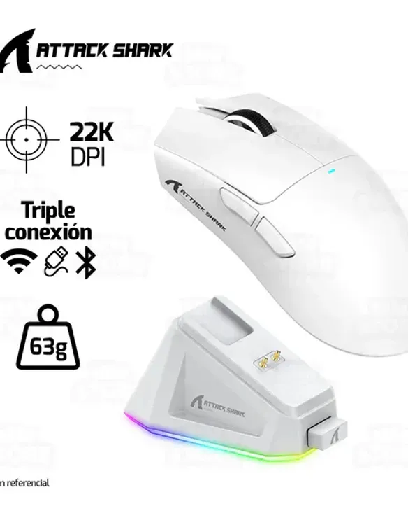 MOUSE ATTACK SHARK X11 | BASE DE CARGA | INALAMBRICO - BLUETOOTH | 22,000 DPI | BLANCO
